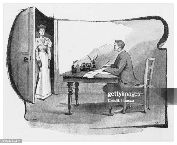 antique illustration: entering the studio - woman entering home stock illustrations