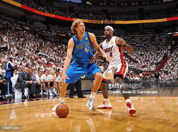 Dirk Nowitzki of the Dallas Mavericks drives against LeBron James of the Miami Heat in Game Two of the 2011 NBA Finals on June 2, 2011 at the...