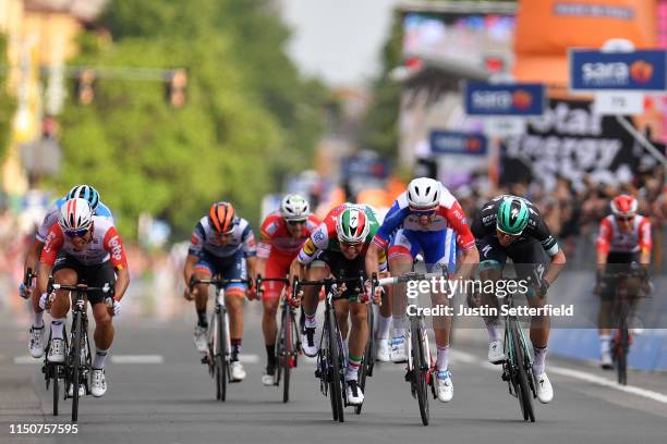 Sprint / Arrival / Arnaud Demare of France and Team Groupama - FDJ / Elia Viviani of Italy and Team Deceuninck - Quick-Step / Rudiger Selig of...