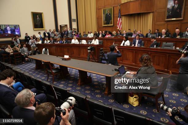 An empty seat at the witness table is seen during a House Judiciary Committee hearing in which former White House Counsel Don McGahn was subpoenaed...