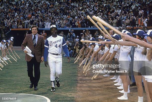 Atlanta Braves Hank Aaron during ceremony before game vs Los Angeles Dodgers at Atlanta Stadium. Aaron would hit his 715th career home run to break...