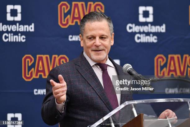 Dan Gilbert Cleveland Cavaliers owner talks during a press conference introducing new head coach John Beilein at Cleveland Clinic Courts on May 21,...