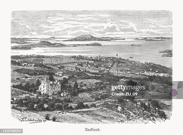historical view of auckland, new zealand, wood engraving, published 1897 - auckland stock illustrations