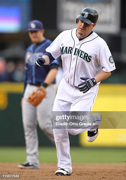 Jack Cust of the Seattle Mariners rounds the bases after hitting a homerun against the Tampa Bay Rays at Safeco Field on June 2, 2011 in Seattle,...