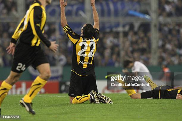 Dario Rodriguez of Penarol celebrates victory over Velez during a match as part of the Santander Libertadores Cup 2011 at Jose Almafitani Stadium on...