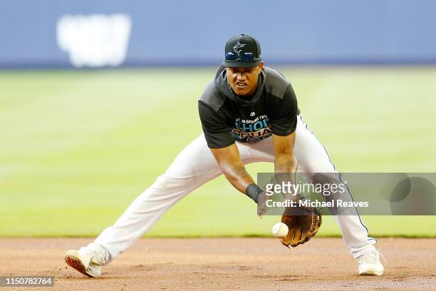 Starlin Castro of the Miami Marlins takes ground balls prior to the game against the New York Mets at Marlins Park on April 02, 2019 in Miami,...