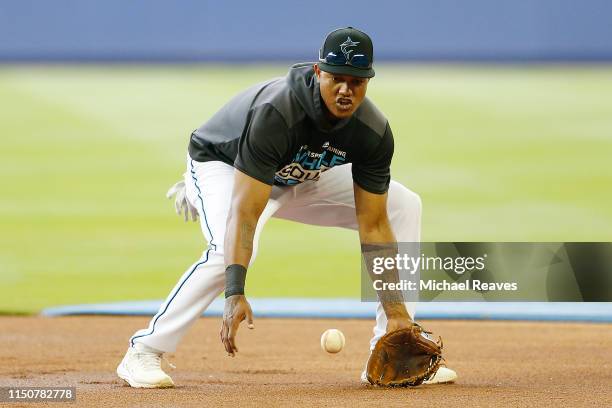 Starlin Castro of the Miami Marlins takes ground balls prior to the game against the New York Mets at Marlins Park on April 02, 2019 in Miami,...