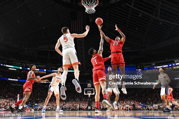 Jarrett Culver of the Texas Tech Red Raiders grabs a rebound against the Virginia Cavaliers during the 2019 NCAA Photos via Getty Images Men's Final...