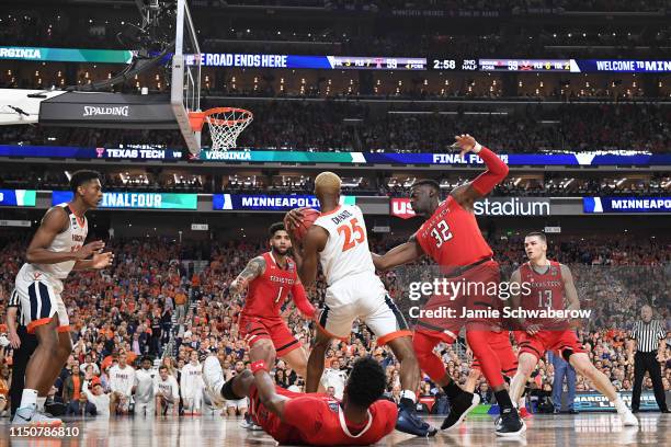 Mamadi Diakite of the Virginia Cavaliers grabs a rebound against the Texas Tech Red Raiders during the 2019 NCAA Photos via Getty Images Men's Final...