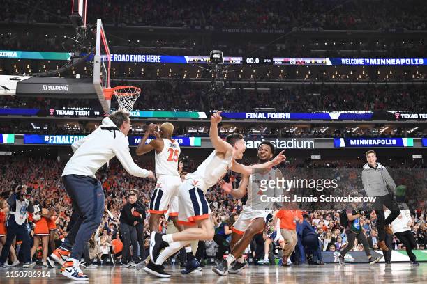 Kyle Guy of the Virginia Cavaliers celebrates after defeating the Texas Tech Red Raiders during the 2019 NCAA Photos via Getty Images Men's Final...