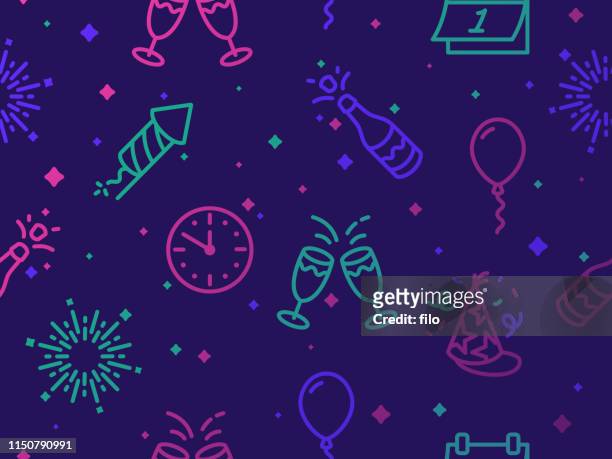 stockillustraties, clipart, cartoons en iconen met new years celebration naadloze achtergrond patroon - purple hat