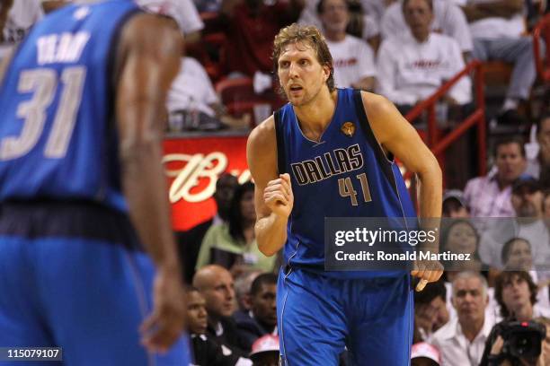 Dirk Nowitzki of the Dallas Mavericks reacts against the Miami Heat in Game Two of the 2011 NBA Finals at American Airlines Arena on June 2, 2011 in...