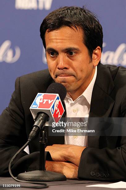 Head coach Erik Spoelstra of the Miami Heat addresses the media after the Dallas Mavericks defeat the Heat 95-93 in Game Two of the 2011 NBA Finals...