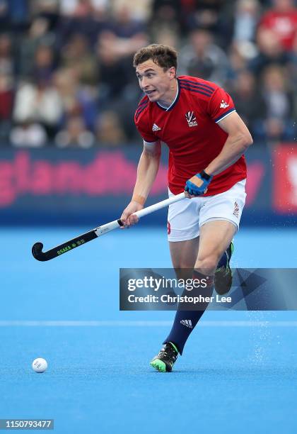 Harry Martin of Great Britain in action during the Men's FIH Field Hockey Pro League match between Great Britain and Belgium at Lee Valley Hockey and...