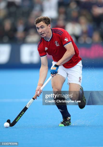 Harry Martin of Great Britain in action during the Men's FIH Field Hockey Pro League match between Great Britain and Belgium at Lee Valley Hockey and...