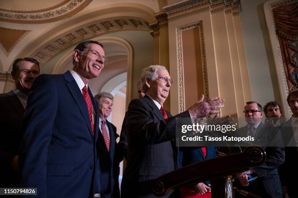 Senate Majority Leader Mitch McConnell speaks to the media after attending the Republican weekly policy luncheon on Capitol Hill on May 21, 2019 in...