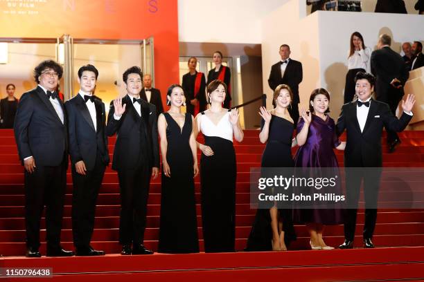 Bong Joon-Ho, Choi Woo-Shik, Lee Sun-Kyun, Cho Yeo-Jeong, Chang Hyae-Jin, Park So-Dam, Lee Jung-Eun and Kang-Ho Song attend the screening of...