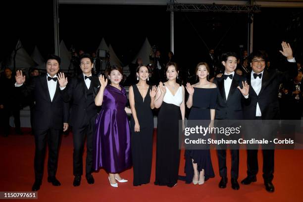 Kang-Ho Song, Lee Sun-Kyun, Lee Jung-Eun, Cho Yeo-Jeong, Chang Hyae-Jin, Park So-Dam, Choi Woo-Shik and Bong Joon-Ho attend the screening of...