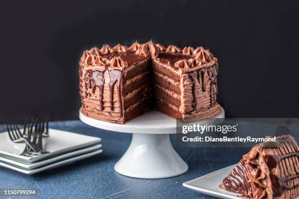 torta al cioccolato decadente con ganache al cioccolato - chocolate cake foto e immagini stock