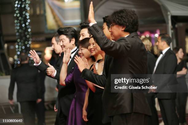 Kang-Ho Song, Lee Sun-Kyun, Lee Jung-Eun, Cho Yeo-Jeong, Chang Hyae-Jin, Park So-Dam, Choi Woo-Shik and Bong Joon-Ho attend the screening of...