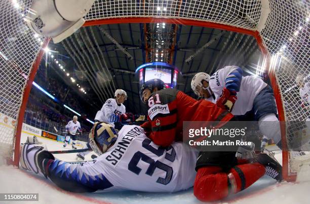 Cory Schneider, goaltender of United States tends net against Mark Stone of United States during the 2019 IIHF Ice Hockey World Championship Slovakia...