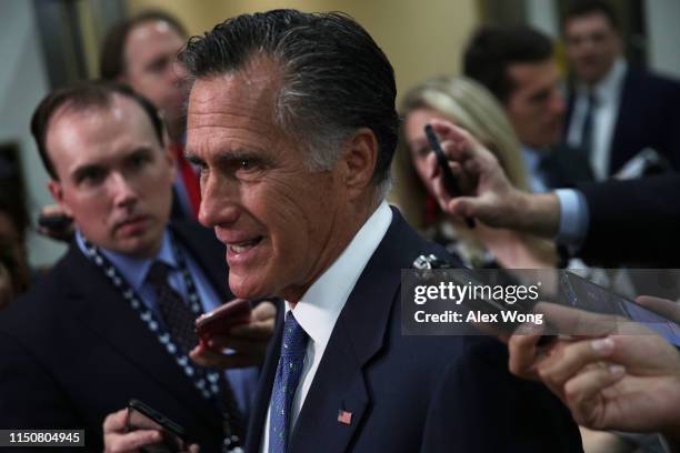 Sen. Mitt Romney speaks to members of the media after a closed briefing for Senate members May 21, 2019 on Capitol Hill in Washington, DC. Secretary...