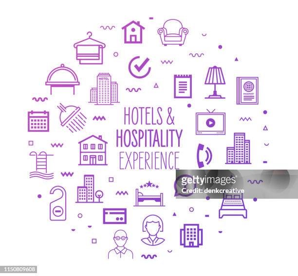 accommodation hotels & hospitality outline style infographic design - service bell stock illustrations