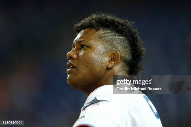 Starlin Castro of the Miami Marlins looks on against the New York Mets at Marlins Park on April 02, 2019 in Miami, Florida.