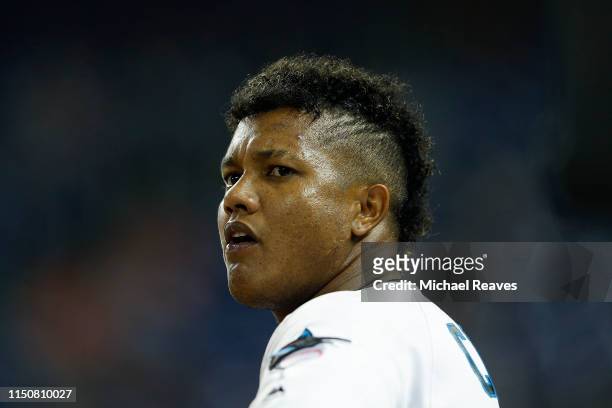Starlin Castro of the Miami Marlins looks on against the New York Mets at Marlins Park on April 02, 2019 in Miami, Florida.