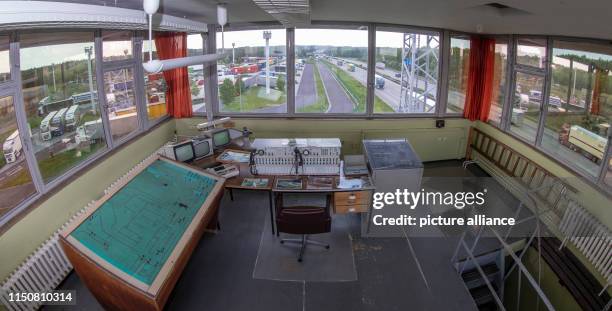 May 2019, Saxony-Anhalt, Marienborn: A workstation for the surveillance of the border control post on a watchtower at today's Federal Highway 2...