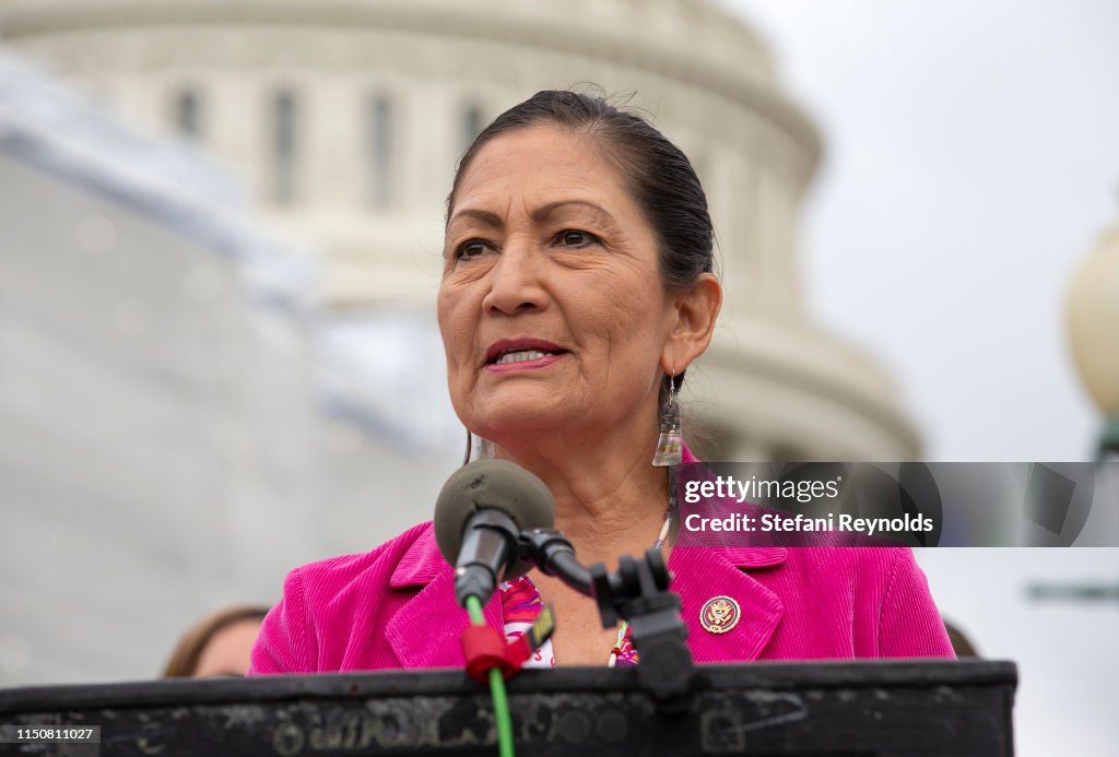 U.S. Rep. Deb Haaland speaks at a press conference on the No Shame at