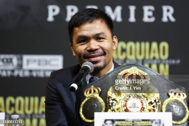 Manny Pacquiao smiles during a press conference at Gotham Hall in preparation for his fight against Keith Thurman on May 21, 2019 in New York City....