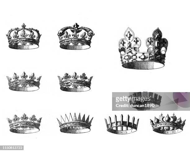 illustrazioni stock, clip art, cartoni animati e icone di tendenza di incisione vintage di corone - corona reale