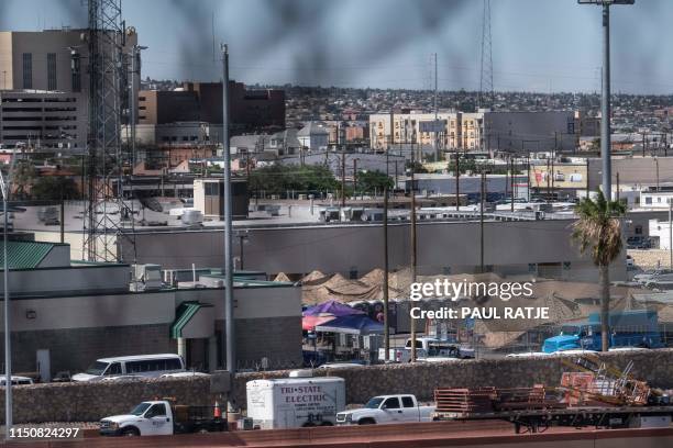 View, taken from the migrants perspective from the Paso del Norte International Bridge on the Mexican side, of the Richard C. White Federal building...