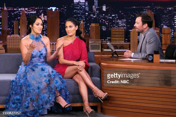 Episode 1084 -- Pictured: Former professional wrestlers Brie Bella and Nikki Bella during an interview with host Jimmy Fallon on June 19, 2019 --