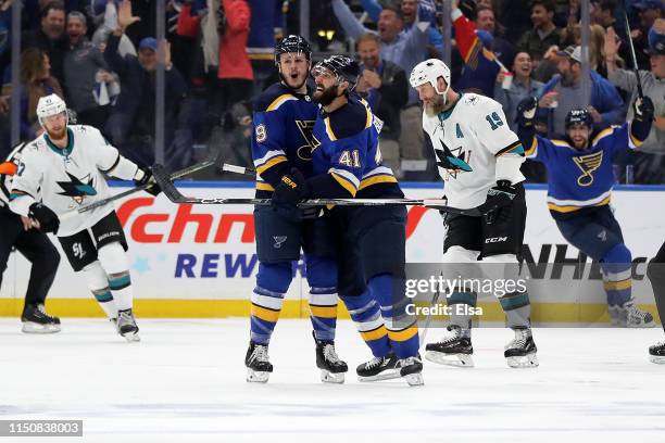 Sammy Blais of the St. Louis Blues celebrates with Robert Bortuzzo after scoring a goal on Martin Jones of the San Jose Sharks during the first...