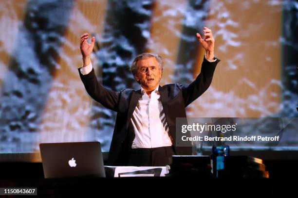 Bernard-Henri Levy performs in "Looking for Europe" at Theatre Antoine on May 21, 2019 in Paris, France.