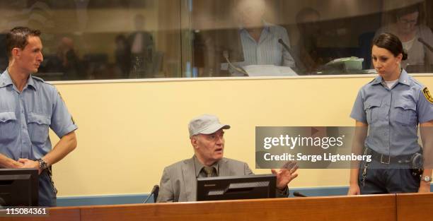Former Bosnian Serb Military Leader Ratko Mladic speaks in the International Criminal Tribunal as he faces war crime charges on June 3, 2011 in The...