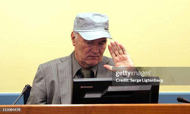 Former Bosnian Serb Military Leader Ratko Mladic speaks in the International Criminal Tribunal as he faces war crime charges on June 3, 2011 in The...
