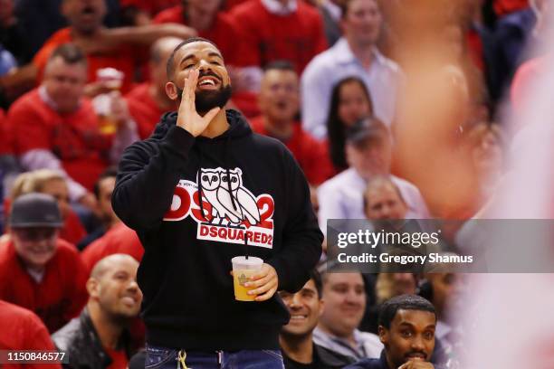 Rapper Drake attends game four of the NBA Eastern Conference Finals between the Milwaukee Bucks and the Toronto Raptors at Scotiabank Arena on May...