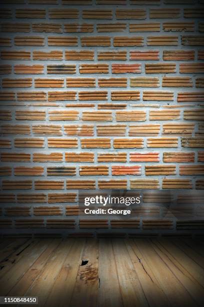 blank brick and wood wall - table brick wall wood stock-fotos und bilder