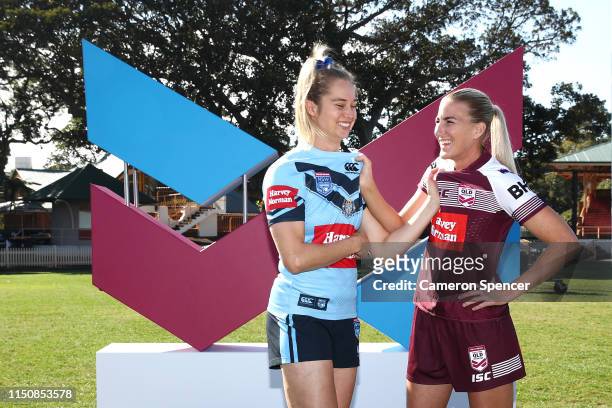 New South Wales State of Origin player Kezie Apps and Queensland State of Origin player Ali Brigginshaw pose during the Women's State of Origin...