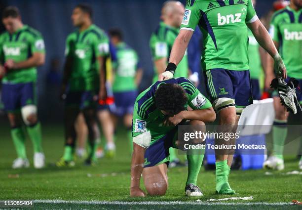 Nasi Manu of the Highlanders reacts after the round 16 Super Rugby match between the Highlanders and the Force at Carisbrook on June 3, 2011 in...