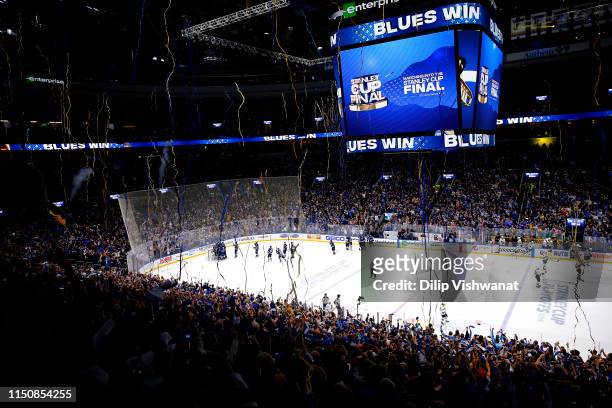 The St. Louis Blues celebrate after defeating the San Jose Sharks in Game Six with a score of 5 to 1 to win the Western Conference Finals during the...