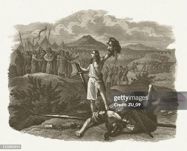 stockillustraties, clipart, cartoons en iconen met david defeated the giant goliath (1 samuel 17), published c.1860 - david goliath