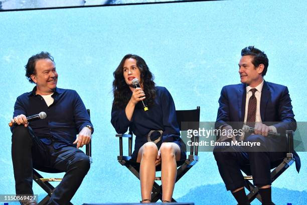 Timothy Hutton, Elizabeth Reaser and Henry Thomas, speak onstage at the Netflix FYSEE Event for "Haunting of Hill House" at Raleigh Studios on May...