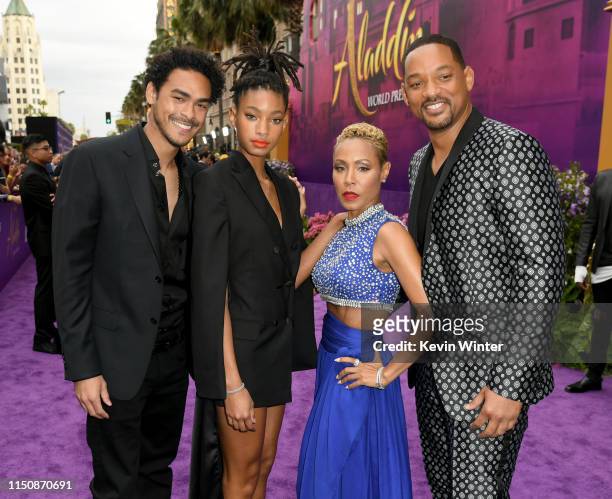 Trey Smith, Willow Smith, Jada Pinkett Smith and Will Smith arrive at the premiere of Disney's "Aladdin" at the El Capitan Theater on May 21, 2019 in...