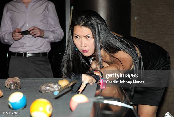 World champion pool player and philanthropist Jeanette Lee aka "The Black Widow" attends Justin Tuck's Celebrity Billiards at Slate NYC on June 2,...