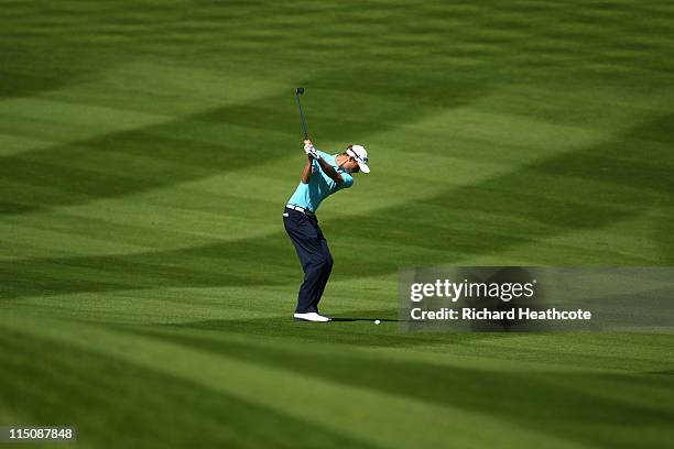 Rhys Davies of Wales plays into the 16th green during the second round of the Saab Wales Open on the Twenty Ten course at The Celtic Manor Resort on...