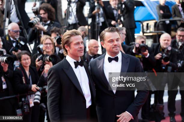 American actors Leonardo DiCaprio and Brad Pitt attend the screening of 'Once Upon A Time In Hollywood' during the 72nd annual Cannes Film Festival...